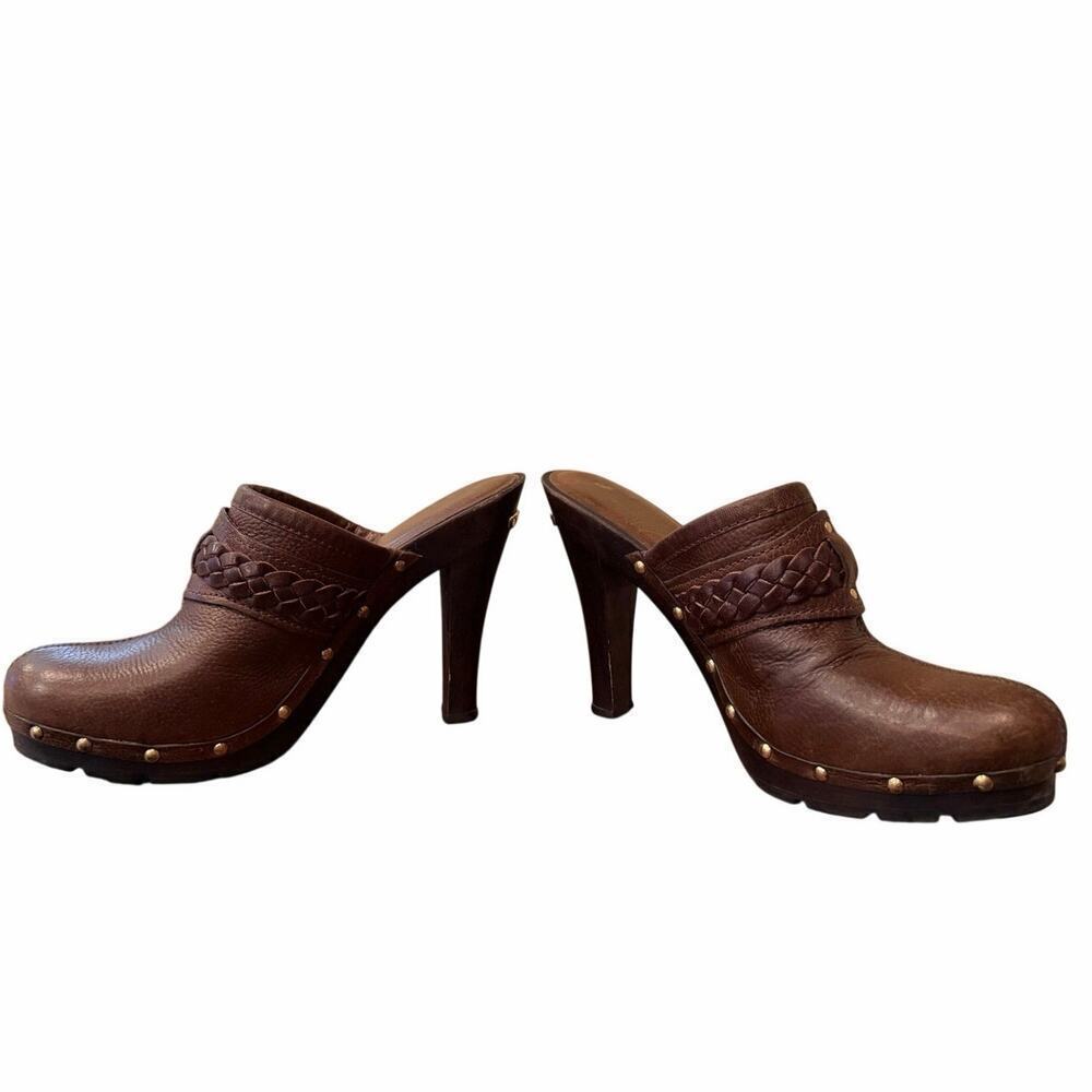 Michael Kors Brown Leather Mules Wooden Heels Women’s Size Braided Detail Size 8 - Picture 7 of 10